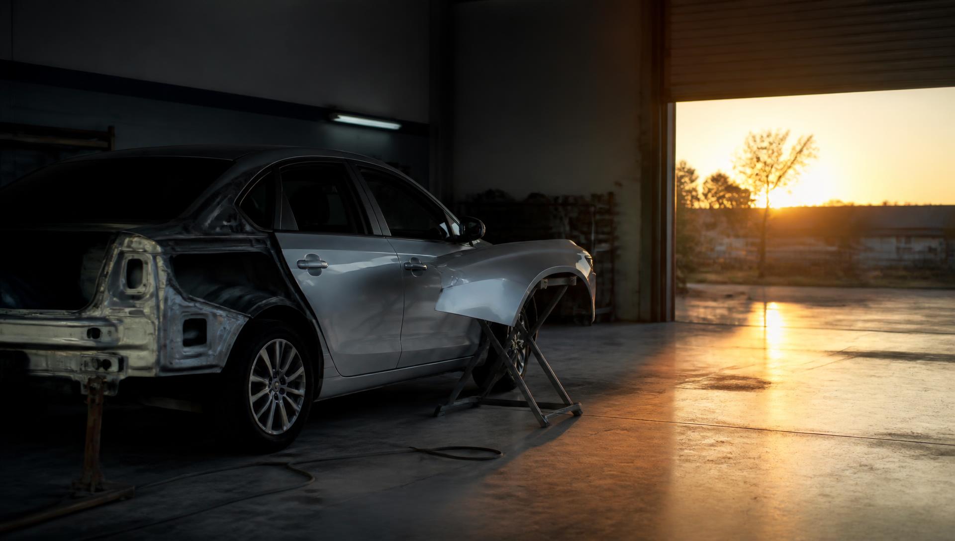 Wide auto body shop repair bay at dusk with a repaired vehicle under warm shop lighting